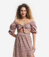 Blusa Cropped em Tricoline com Nózinho e Estampa Abstrata - 1