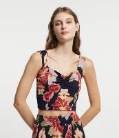 Blusa Cropped Texturizada com Estampa Floral e Pespontos nas Alças - 1