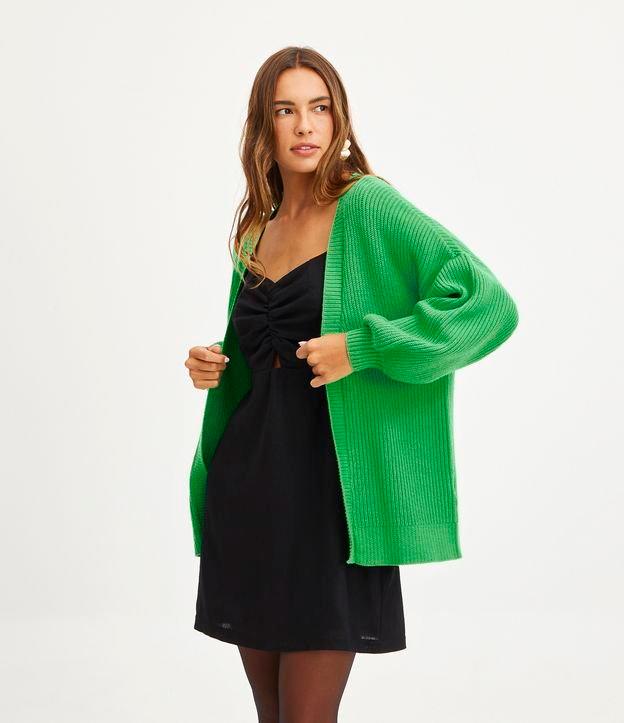 Casaco Alongado em Tricô Canelado com Manga Bufante - 1