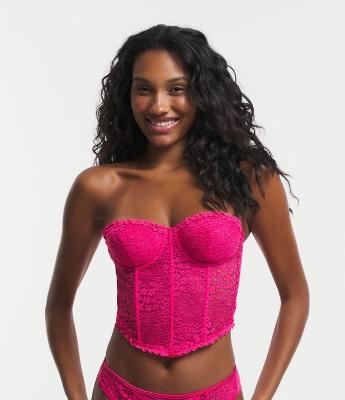 Sutiã Corset Alongado Sem Bojo em Renda Floral