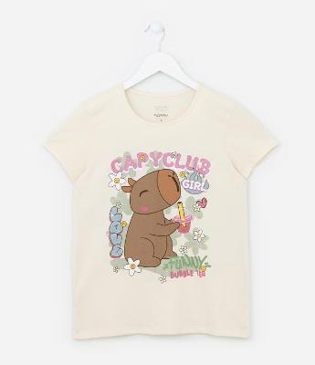 Camiseta Infantil Manga Curta com Estampa de Capivara - Tam 5 a 14 anos