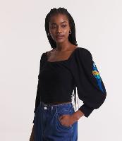 Blusa Curta em Viscose Texturizada com Bordado de Pássaros - 1