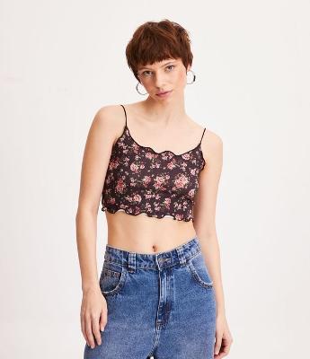 Blusa Cropped de Alça em Microfibra com Estampa Floral