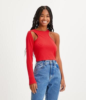 Blusa em Ribana Canelada com Recorte Vazado