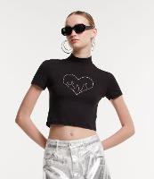 Blusa Cropped em Viscose com Golinha Alta com Coração de Strass - 1