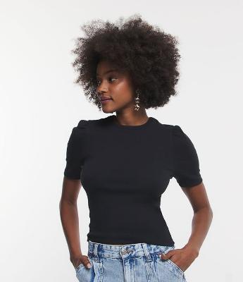 Blusa Básica em Ribana Canelada com Manga Curta Bufante