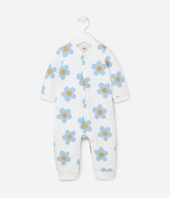Macacão Infantil Canelado com Estampa Margaridas - Tam 0 a 18 Meses