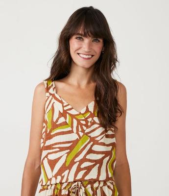 Blusa de Alça em Viscolinho com Estampa Folhagem