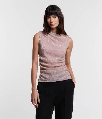 Blusa sem Manga em Tule com Decote Degagê e Efeito Metalizado