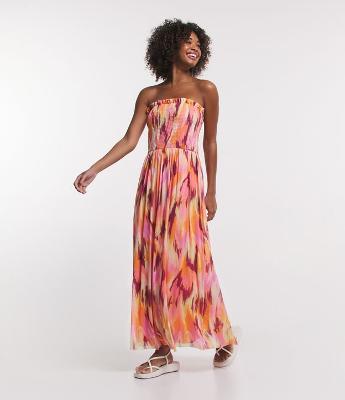 Vestido New Midi Tomara que Caia com Corpo em Lastex e Estampa Abstrata