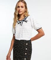 Blusa Manga Bufante em Malha Texturizada com Gola Laço - 1