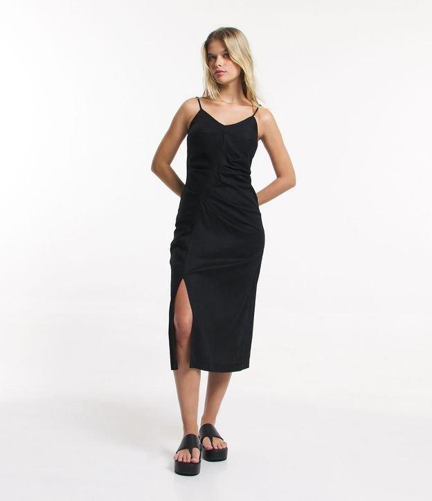 Vestido New Midi em Linho com Drapeados e Fenda Frontal - 1