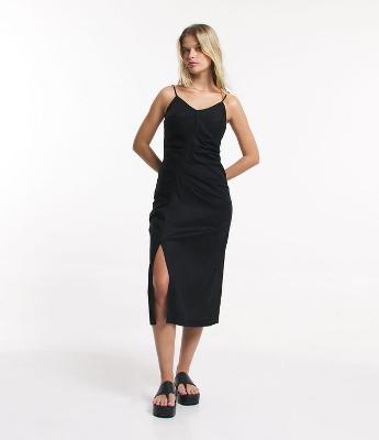 Vestido New Midi em Linho com Drapeados e Fenda Frontal