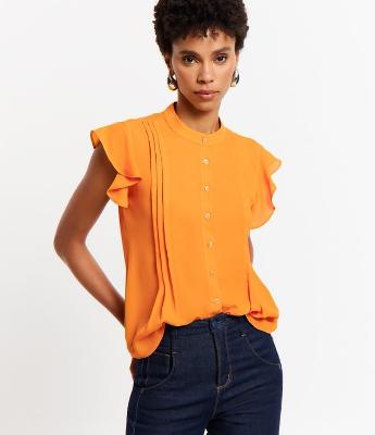 Camisa Sem Manga em Crepe com Babados e Pregas