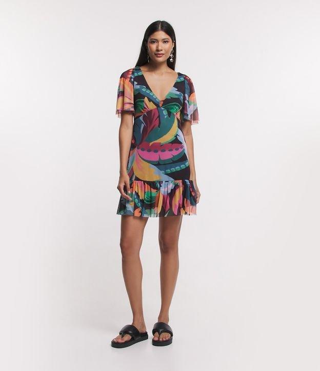 Vestido Curto Manga Evasê em Tule com Folhagens Estampadas - 1