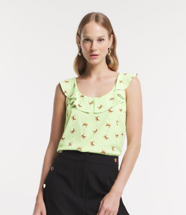 Blusa Sem Manga em Crepe com Gola Babado e Onças Estampadas - 1