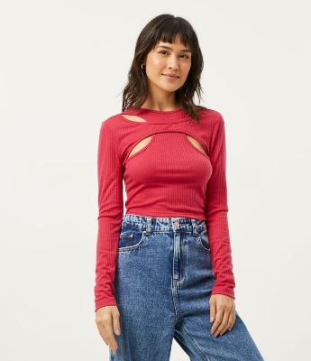 Blusa Curta em Ribana Canelada com Recortes no Busto