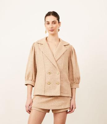 Blazer em Tweed com Manga 7/8 Bufante e Botões Frontais