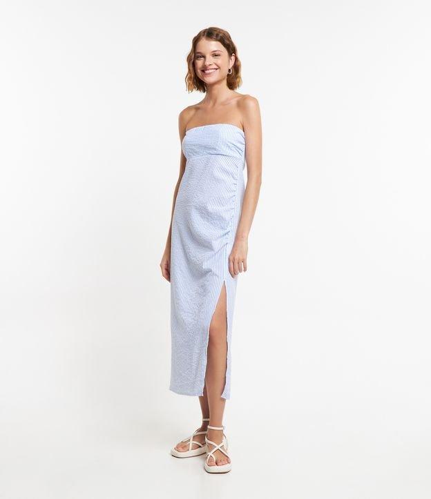 Vestido Longo em Tricoline Drapeado e com Listras em Fio Tinto - 1