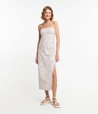 Vestido Longo em Tricoline Drapeado e com Listras em Fio Tinto