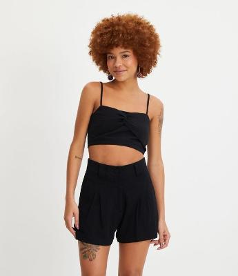 Blusa Cropped de Alça em Linho com Torcidinho no Busto e Lastex nas Costas