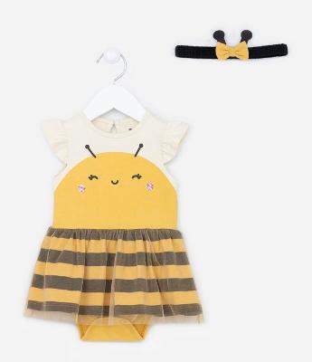 Vestido Body Infantil Estampa Abelhinha com Tiara de Cabelo - Tam 0 a 18 meses