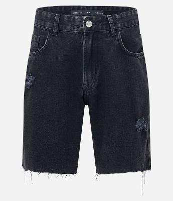 Bermuda Slim Jeans com Puídos e Barra a Fio