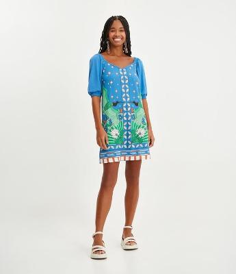 Vestido Curto em Viscolycra com Manga 3/4 e Estampa Tropical