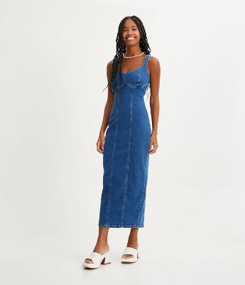 Vestido Midi em Jeans com Alças Médias e Busto Marcado