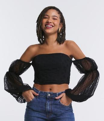 Blusa Cropped em Tule Poá Corset com Manga Bufante