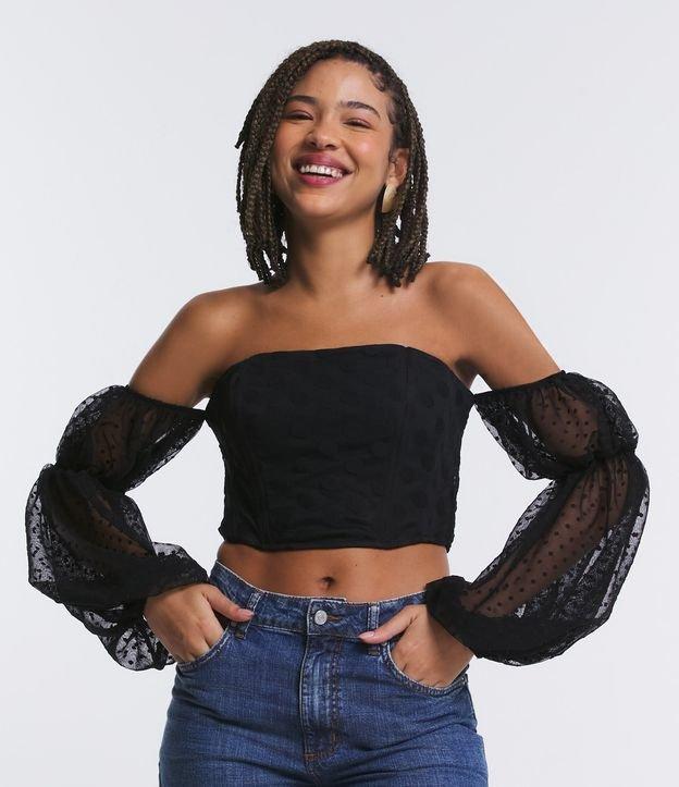 Blusa Cropped em Tule Poá Corset com Manga Bufante - 1