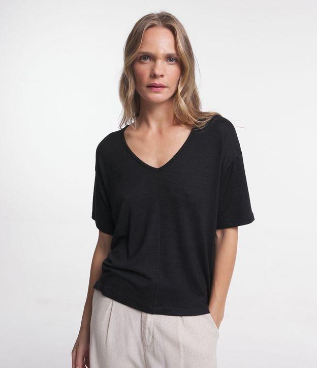 Blusa Manga Curta em Tricô Mescla com Recorte Frontal Costurado - 1