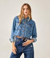 Jaqueta Cropped Jeans com Bolsos e Barra Corte a Fio - 1