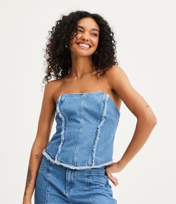 Blusa Jeans Corset com Franjinhas e Lastex nas Costas