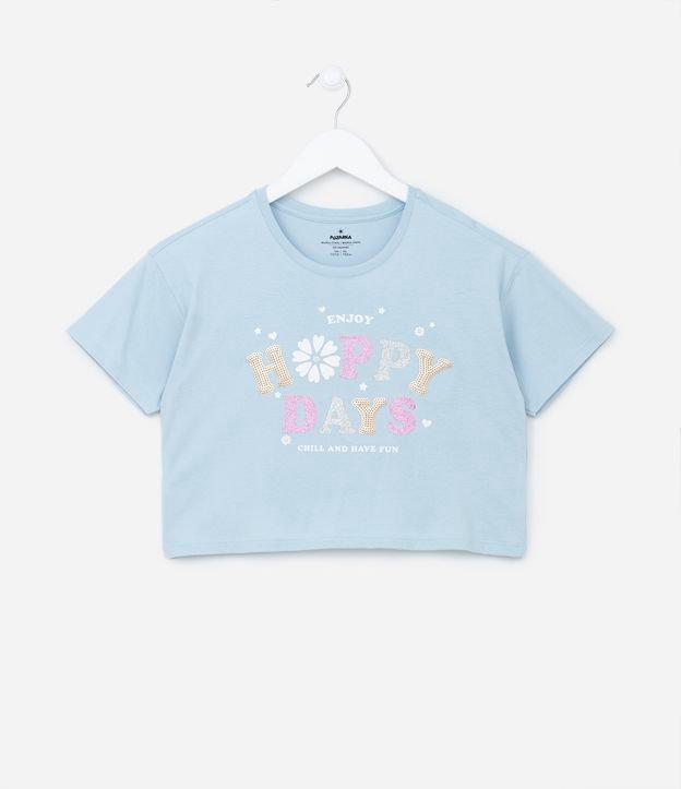 Camiseta Cropped Infantil com Estampa de Escritos com Glitter e Paetês - Tam 5 a 14 anos - 1