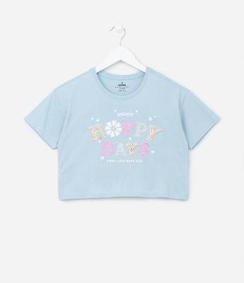 Camiseta Cropped Infantil com Estampa de Escritos com Glitter e Paetês - Tam 5 a 14 anos
