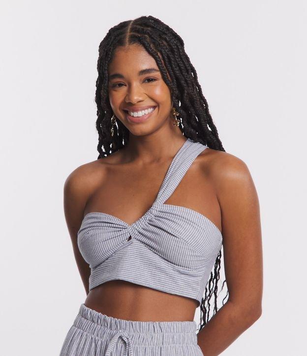 Blusa Cropped em Linho com Um Ombro Só e Listras em Fio Tinto - 1