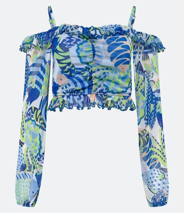 Blusa Cropped em Tule com Babadinhos e Estampa Abstrata - 2