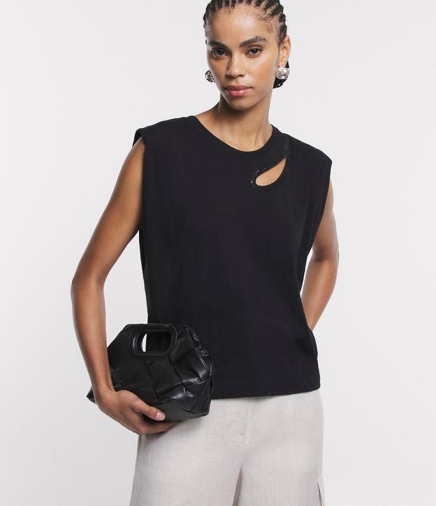 Blusa Muscle Tee em Meia Malha com Recorte Vazado Brilhoso - 1