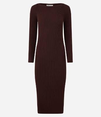 Vestido Midi Justo em Tricô com Gola Canoa