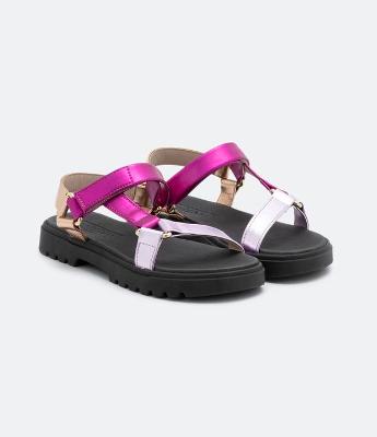 Sandália Flatform Infantil Metalizada Tricolor com Sola Tratorada - Tam 26 ao 36