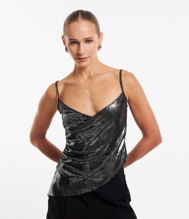Blusa em Meia Malha Metalizada com Decote Transpassado - 1