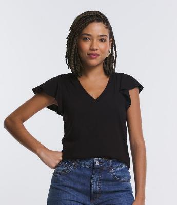 Blusa em Meia Malha com Decote V e Mangas Soltinhas