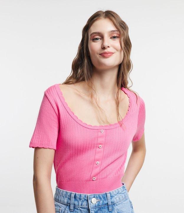 Blusa em Tricô com Botões na Gola e Manga Curta - 1