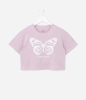Camiseta Cropped Infantil com Estampa de Borboleta - Tam 5 a 14 anos
