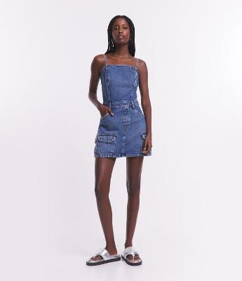 Vestido Jeans com Bolsos Cargo