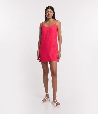 Vestido Curto de Alça em Linho com Decote V