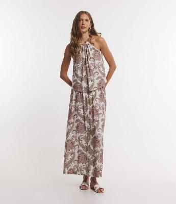 Saia Midi em Viscose com Zíper Lateral e Estampa Arabescos