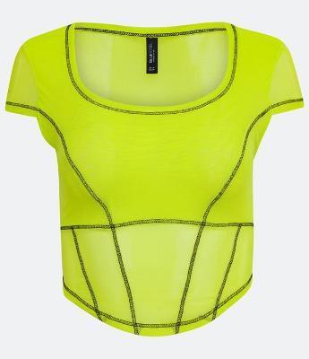 Blusa em Tule com Manga Curta e Pespontos Contrastantes