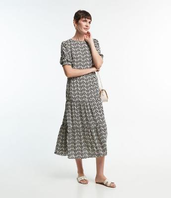Vestido Midi em Viscose com Manga Bufante e Estampa Abstrata